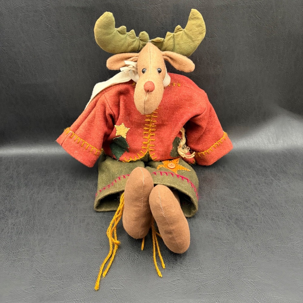 Handmade Primitive Reindeer Plush Folk Art Holiday Decor Red Green Weighted 12in
